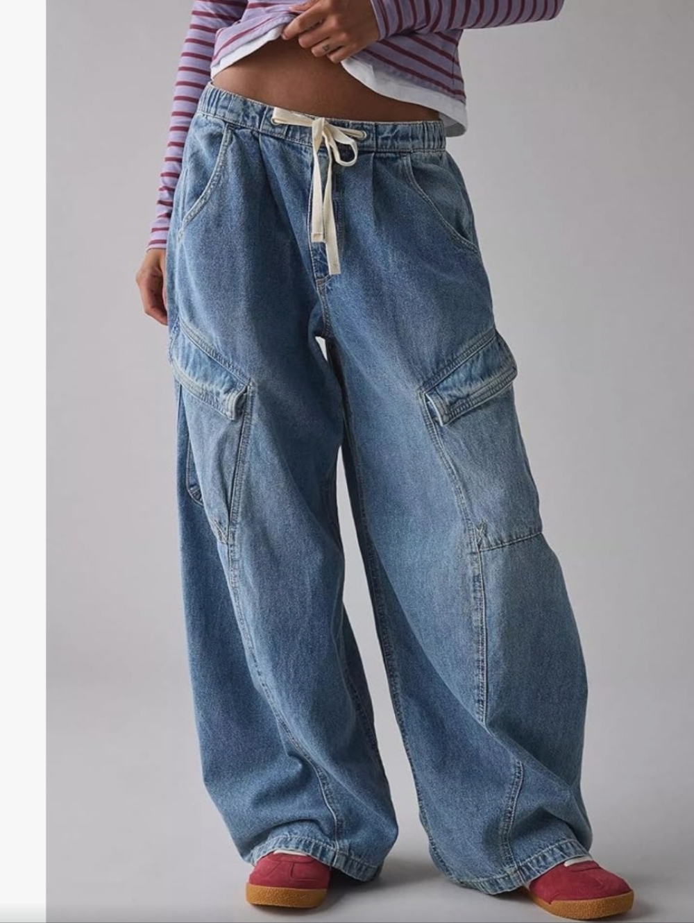 Baggy Cargo Jeans with Drawstring Waist - Blue Denim